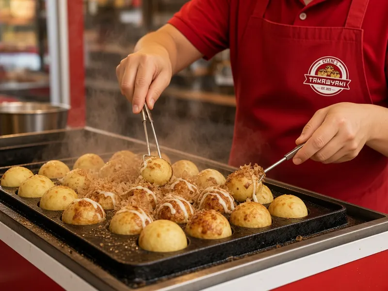 Cylene's crew cooking takoyaki on a 48-hole griddle