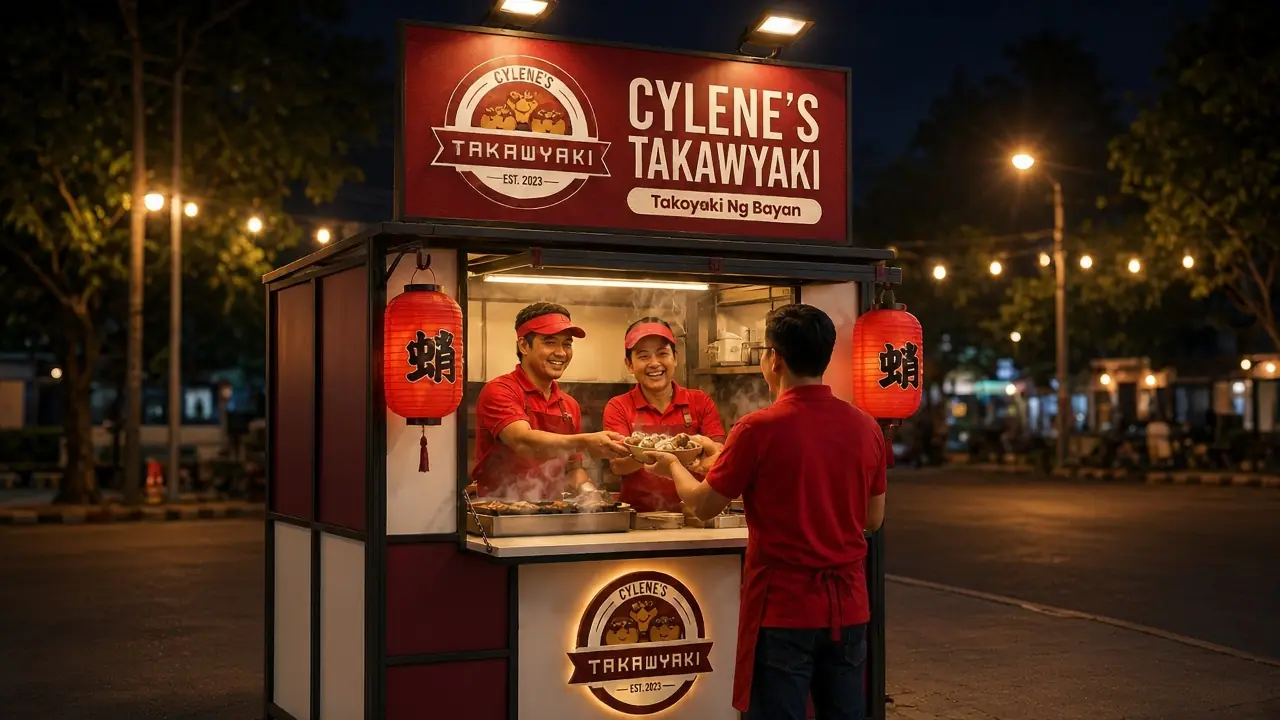 Smiling Cylene's Takawyaki crew serving takoyaki at a busy metal cart