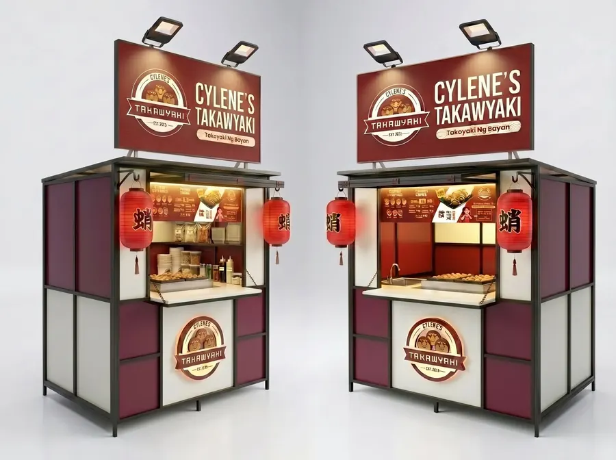 Cylene's Takawyaki franchise package: red-and-white metal cart with lights and takoyaki machine
