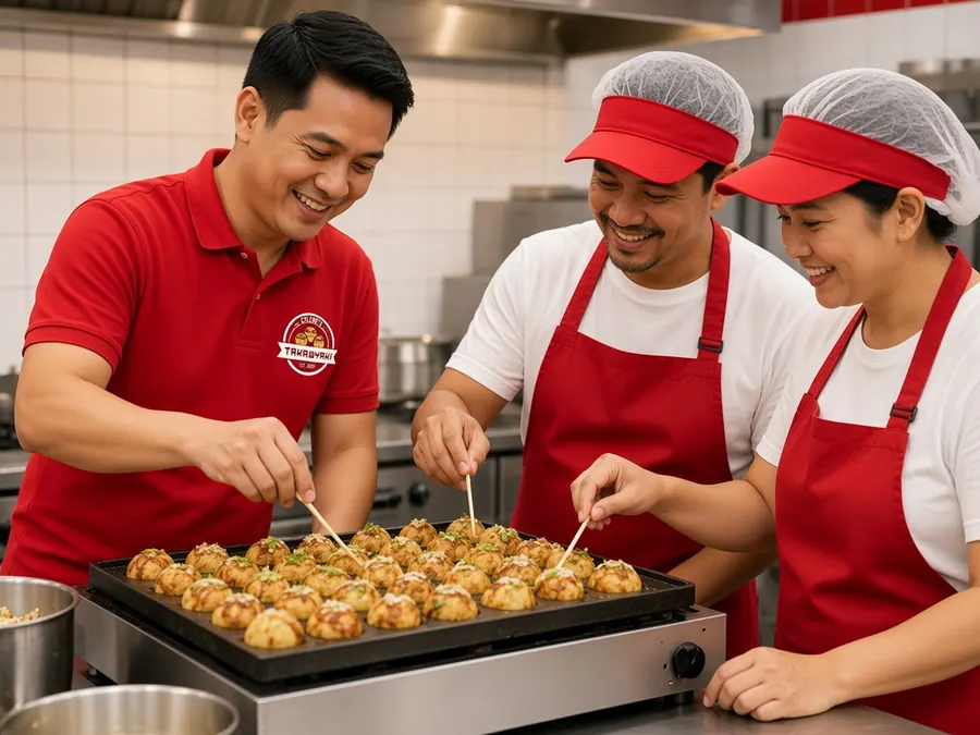 Owner and crew hands-on training on a 48-hole takoyaki griddle