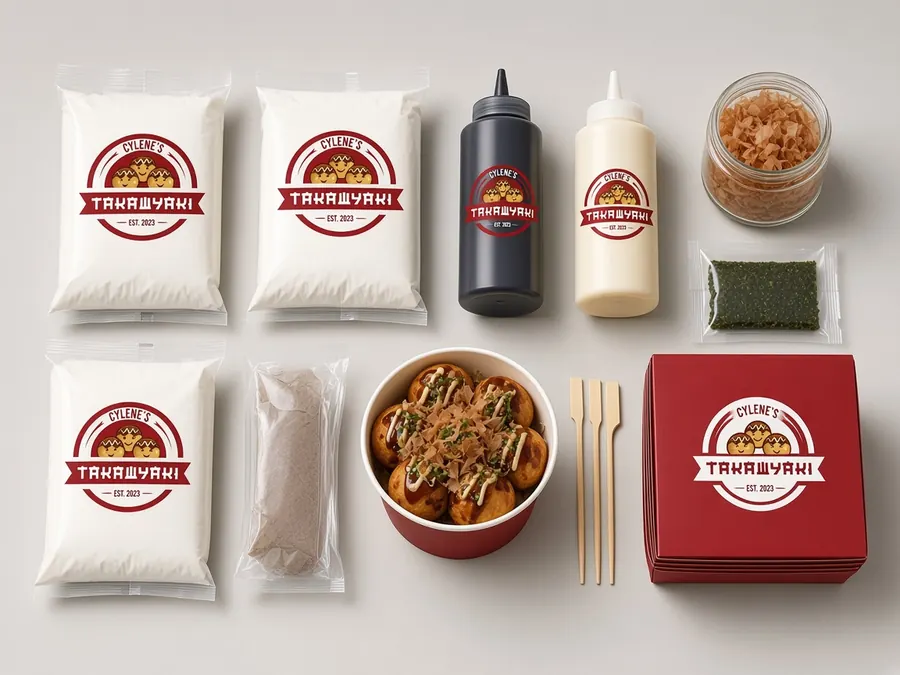 Cylene's takoyaki flavors and starter supplies from Main: signature flour, sauce, mayo, bonito flakes and aonori